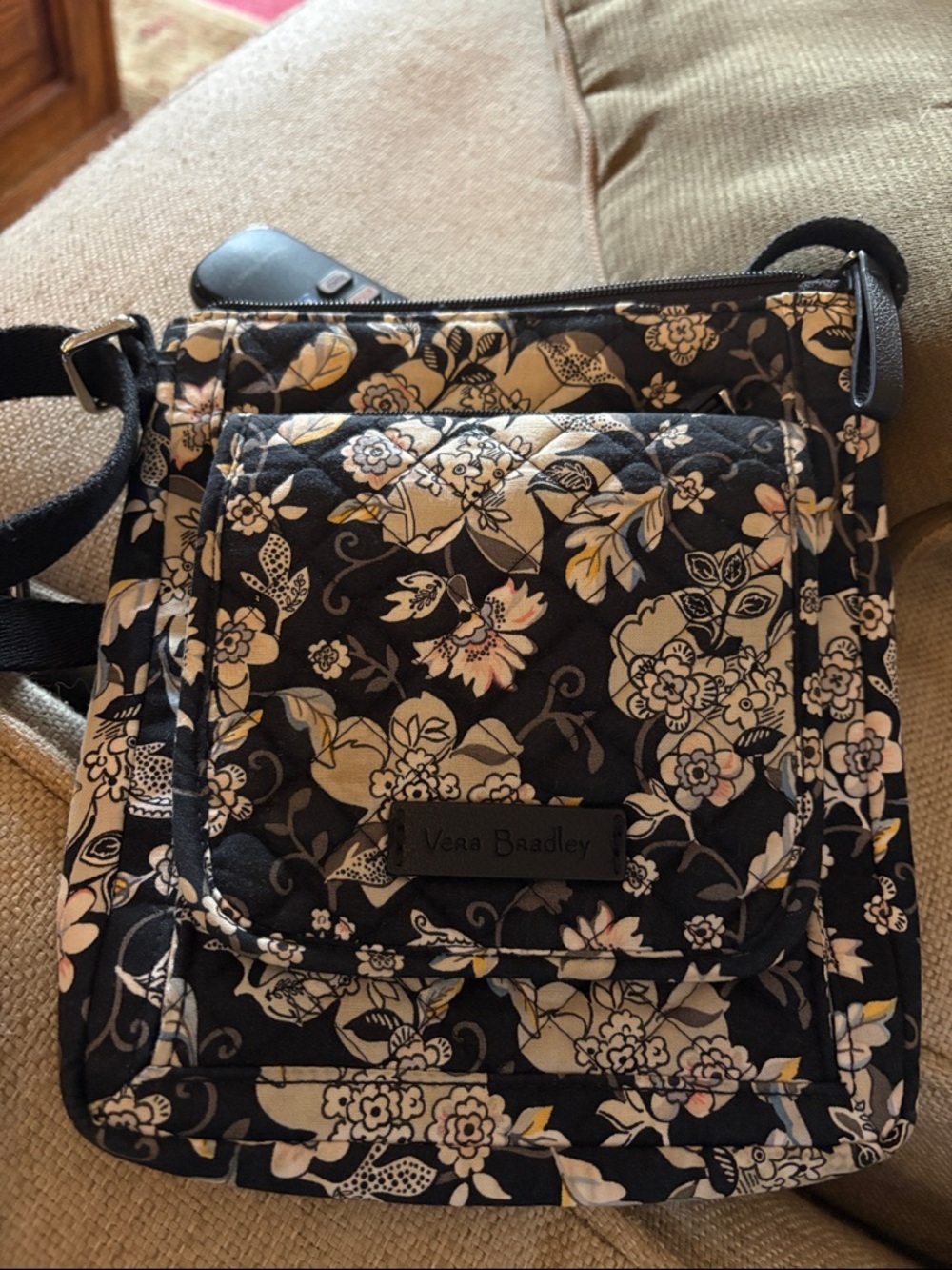 Vera Bradley Black Floral Quilted Crossbody with Cream and Pink Accents